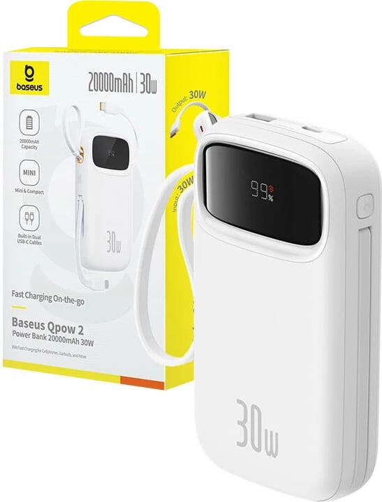 Powerbank Baseus QPow 2, 20000mAh, 30W, 2xUSB-C, e bardhë