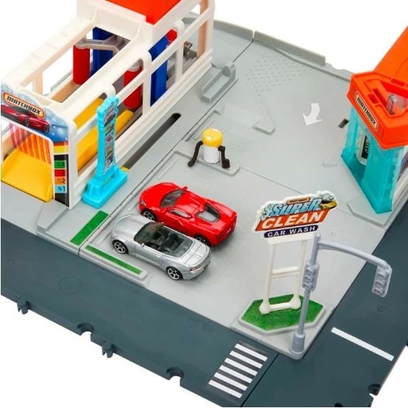 Set lodrash garazh Matchbox Action Drivers Real Adventures Car Wash me makinë Chevrolet Corvette, shumëngjyrësh