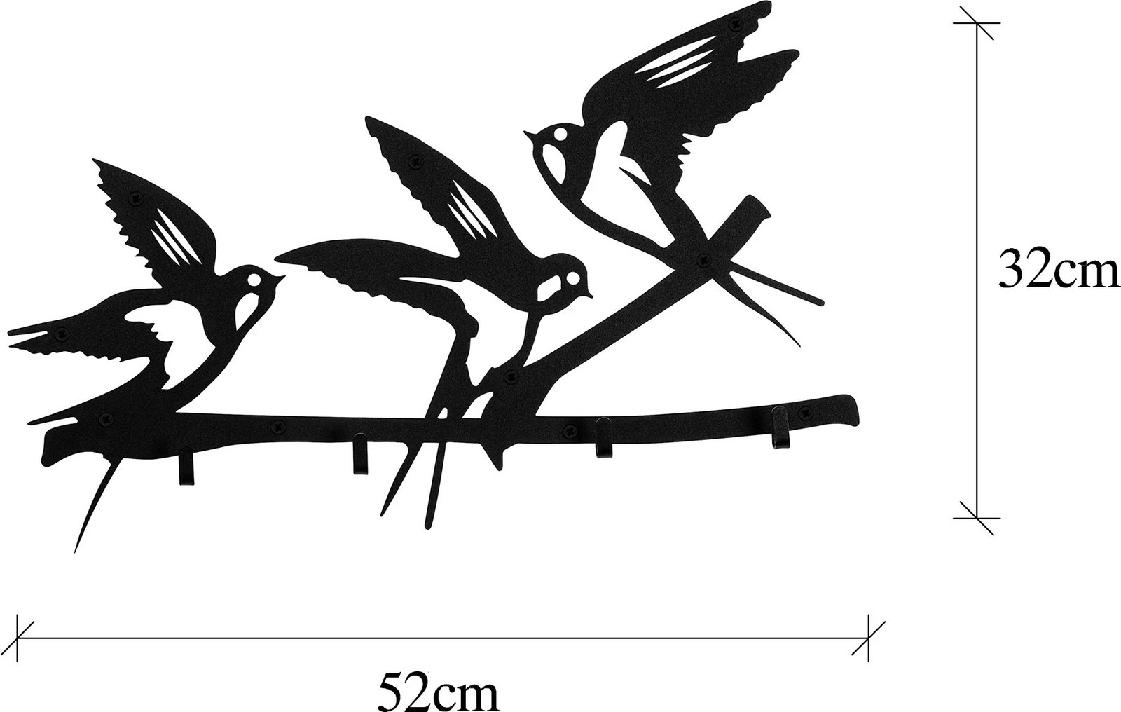 Varëse muri metalike Wallity, dizajn me zogj, ngjyrë e zezë, 52x4x32cm