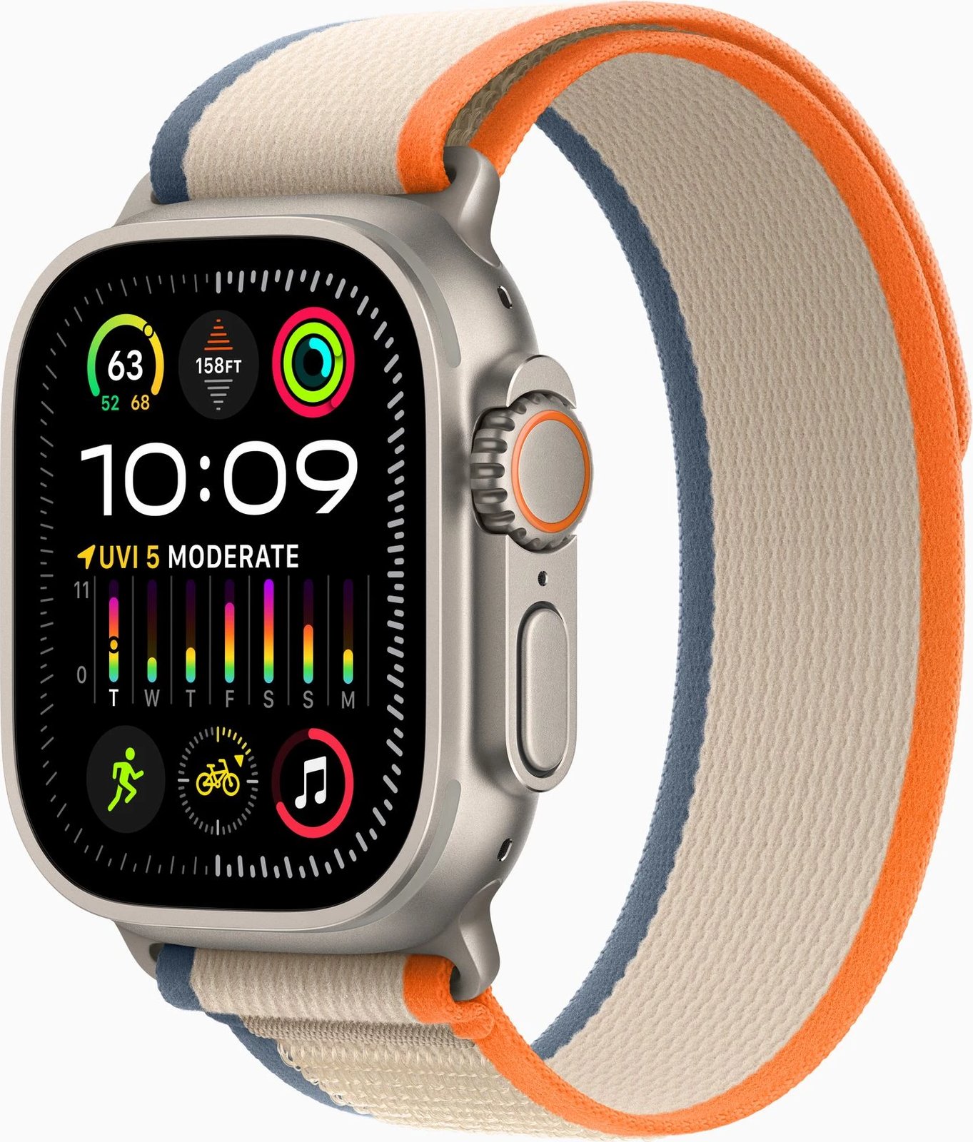 Apple Watch Ultra2 Cellular, 49mm Titanium Case w Orange/Beige Trail Loop - M/L
