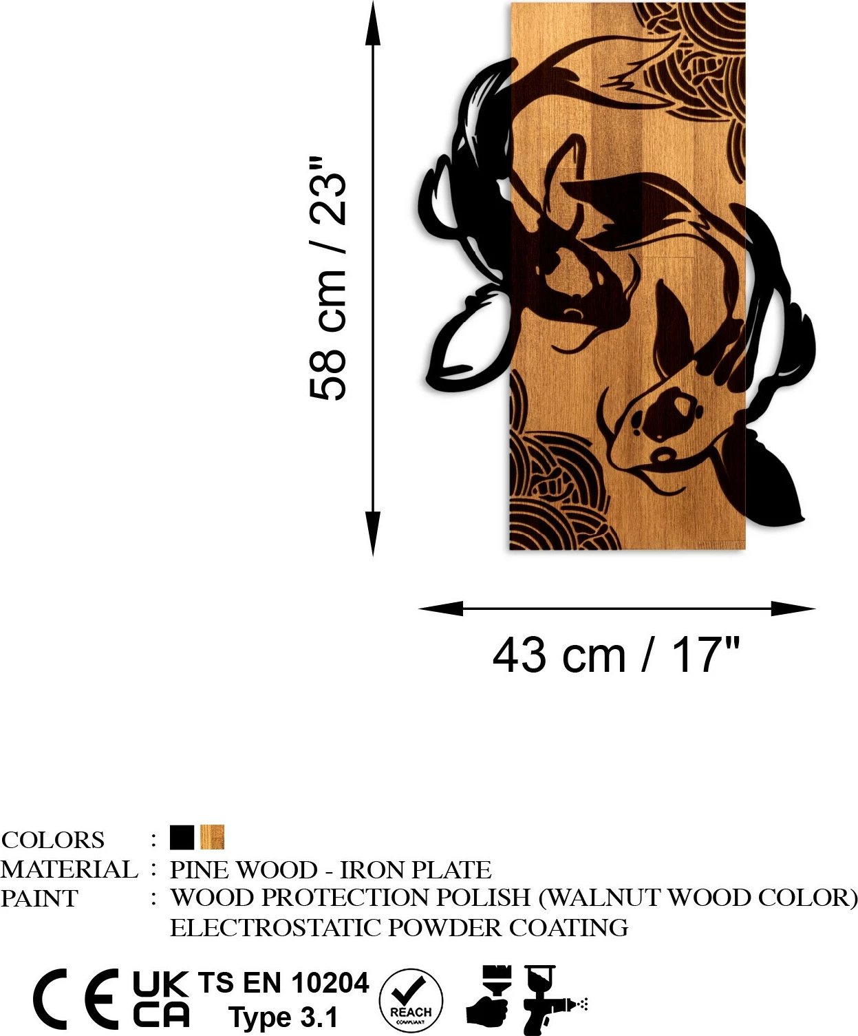 Aksesor dekorativ për mur, dru dhe metal, Wallity, Fish Yang, ngjyrë arre dhe e zezë