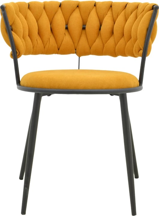 Karrige të ulëta Alkia I, set prej 2 copë, stof i verdhë, këmbë metalike të zeza, 57x58.5x72cm