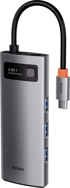 Adapter Baseus 5-në-1, WKWG020013, USB-C në 3x USB 3.0 + HDMI + USB-C PD, Gri