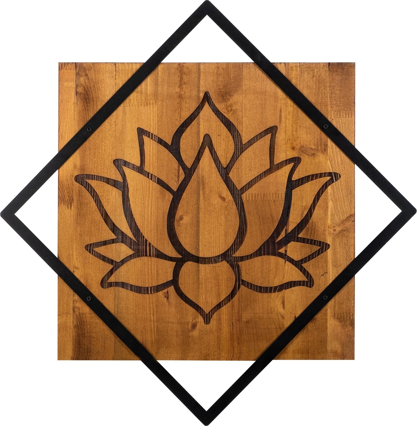 Aksesor dekorativ për mur, dru dhe metal, dizajn lule lotusi, Wallity, ngjyrë arre dhe e zezë, 54x54cm