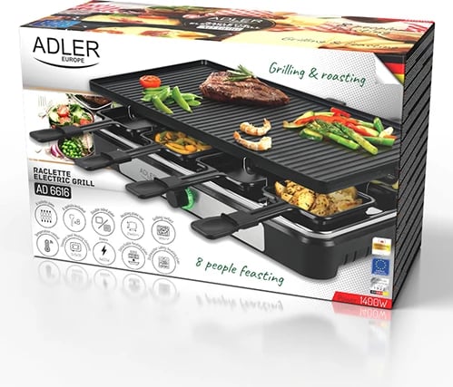 Grill elektrik raclette, Adler AD 6616, 1400W, pjatë 42x23cm, dyanshe jo-ngjitëse, 8 tiganë + 8 shpatulla druri, e zezë
