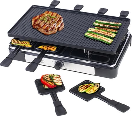 Grill elektrik raclette, Adler AD 6616, 1400W, pjatë 42x23cm, dyanshe jo-ngjitëse, 8 tiganë + 8 shpatulla druri, e zezë