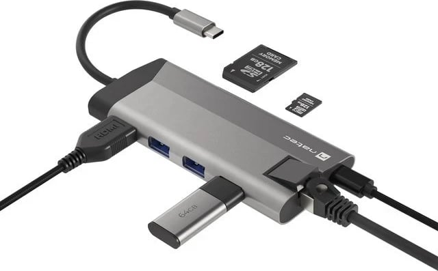 Adapter NATEC Multiport Fowler Plus USB-C, HDMI 4K, RJ45, Gri e Errët