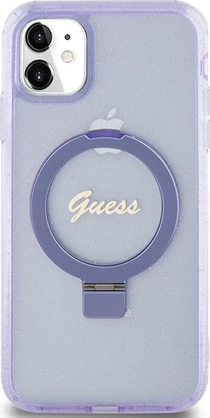 Mbështjellës Guess Ring Stand Script Glitter MagSafe për iPhone 11/XR, vjollcë