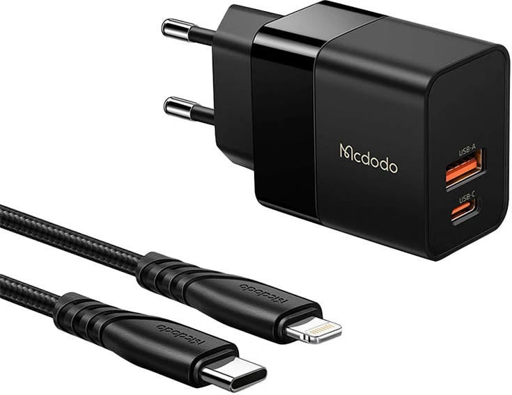 Karikues muri Mcdodo CH-1952, 20W, USB + USB-C, kabllo USB-C në Lightning 1.2m, Zi