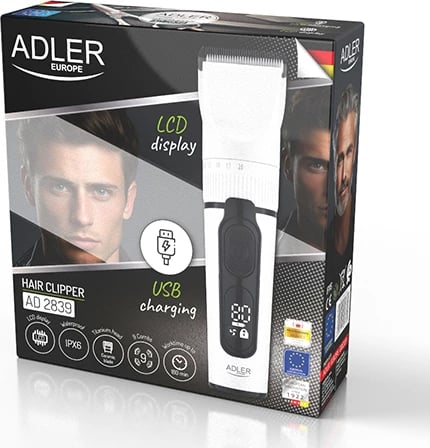 Makinë qethëse Adler AD 2839, LCD, IPX6, bateri 2000mAh, karikim USB-C, me krehëra 3–18 mm, e bardhë Makinë qethëse Adler AD 2839, LCD, IPX6, bateri 2000mAh, karikim USB-C, me krehëra 3–18 mm, e bardhë