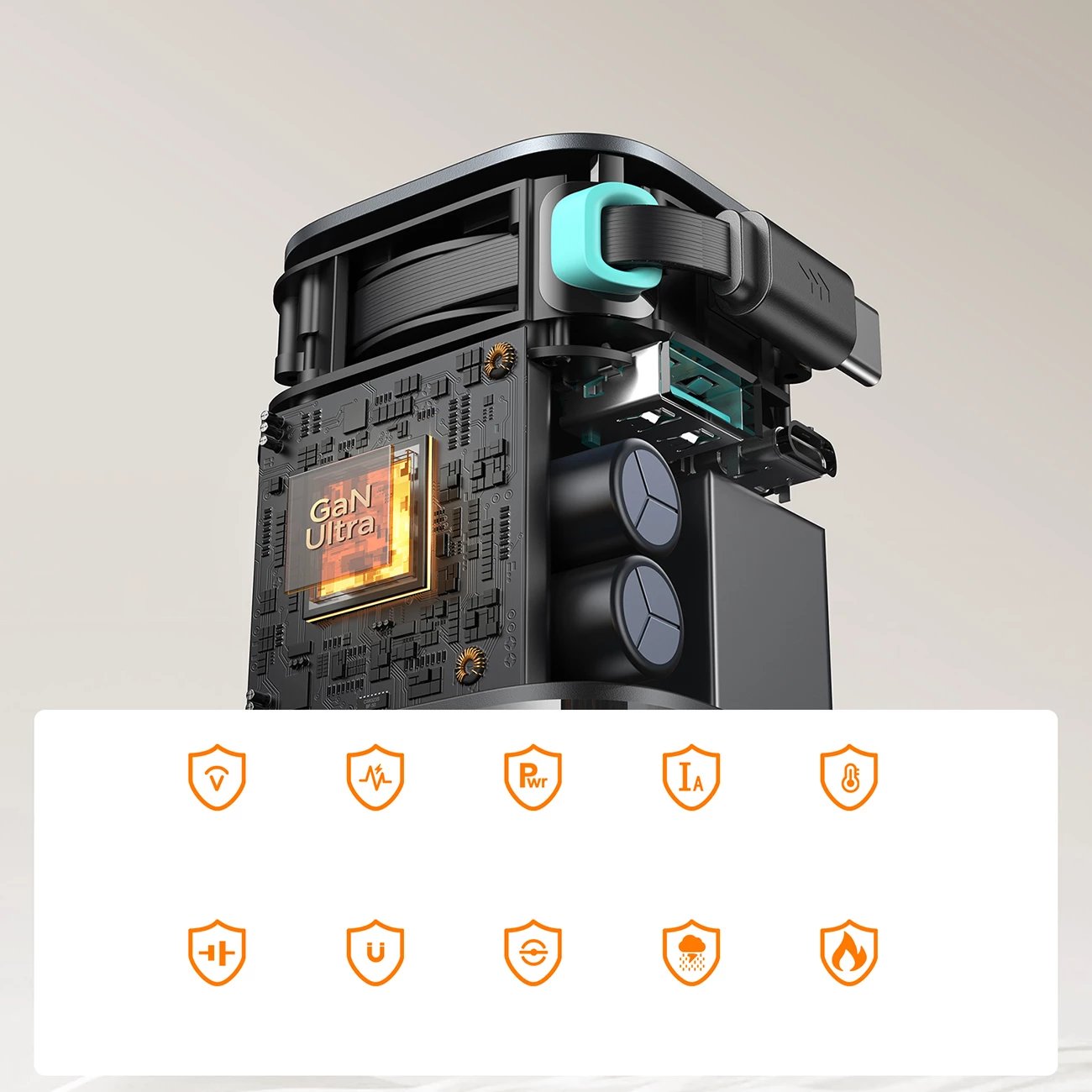 Karikues muri Joyroom JR-TCL02 GaN, 65W, 3 porta (USB-A, USB-C, kabllo USB-C), i zi