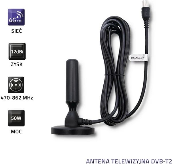 Antenë televizive DVB-T2 Qoltec 57016, për brenda, e zezë
