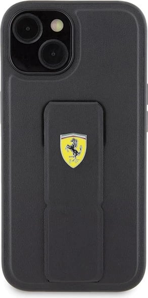 Mbështjellës Ferrari Grip Stand Metal Logo për iPhone 15, i zi