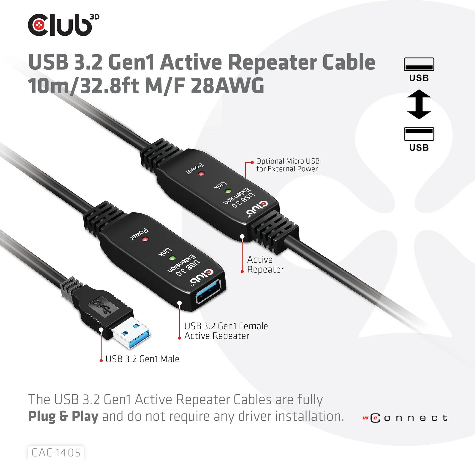 Kabllo USB zgjatues Club3D 10m, USB 3.2, e zezë