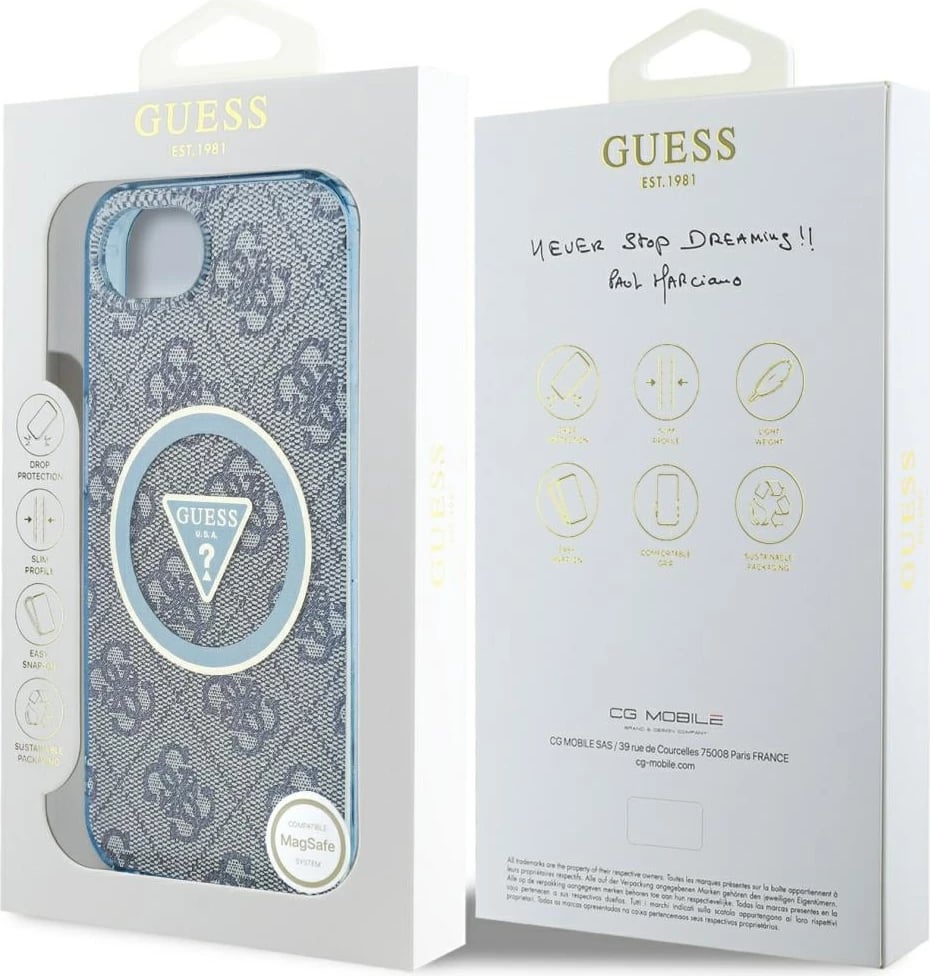 Mbështjellës Guess IML Metal Glitter 4G Circle Triangle MagSafe për iPhone 16e, Blu Mbështjellës Guess IML Metal Glitter 4G Circle Triangle MagSafe për iPhone 16e, Blu