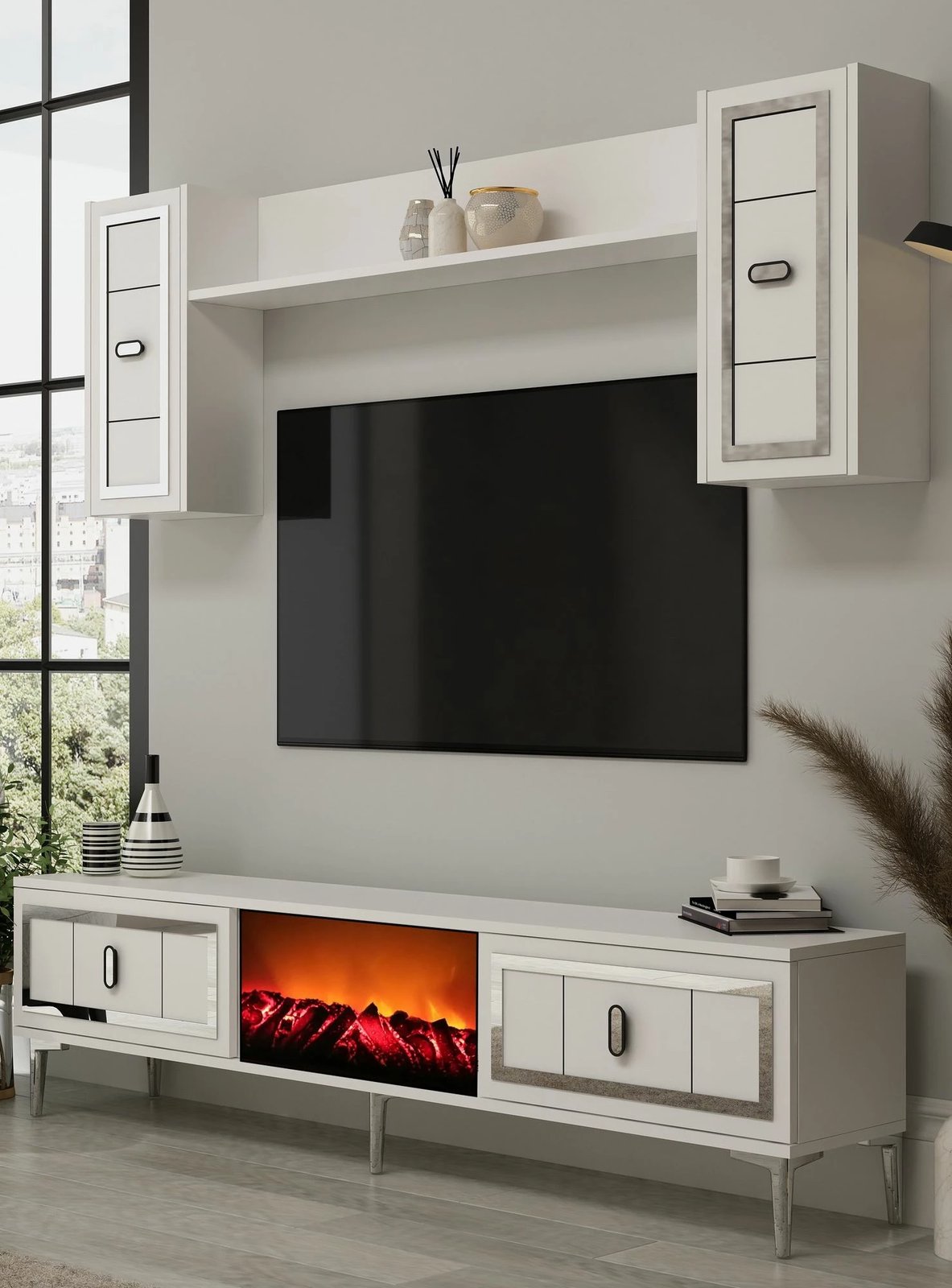 Njësi TV Skye Decor, oxhak Orion, e bardhë, argjend