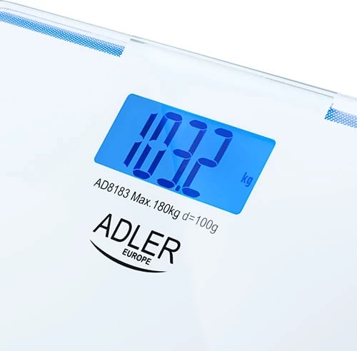 peshore banjoje Adler AD 8183 180 kg ekran LCD me ndriçim blu platformë qelqi njësi kg/lb/st e bardhë