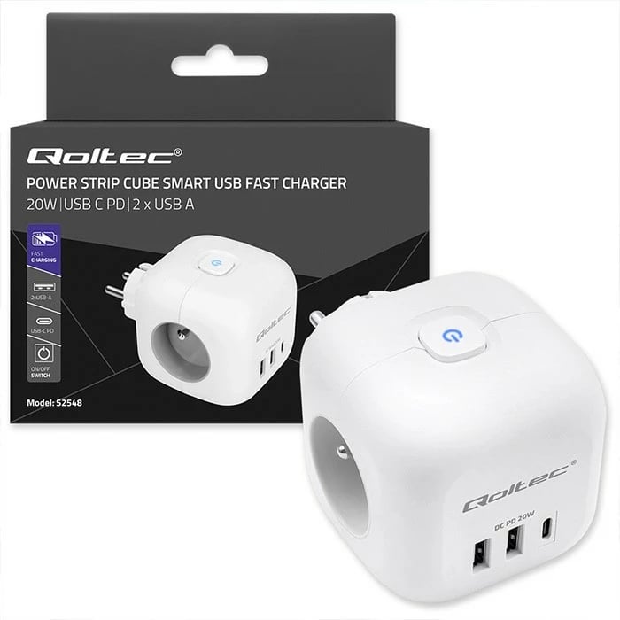 Prizë shumëfunksionale Qoltec 52548, 3x AC, 2x USB, 1x USB-C PD 20W, Bardhë
