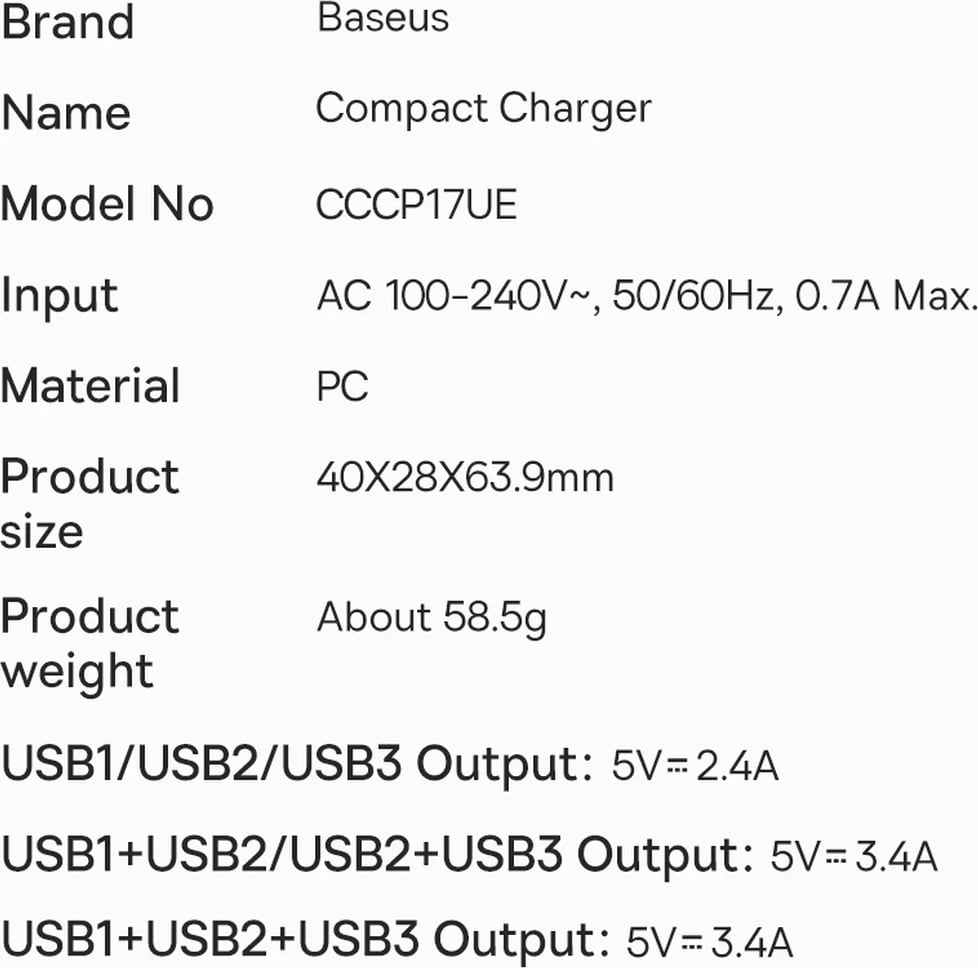 Karikues muri Baseus CCXJ020102, 3x USB, 17W, Bardhë