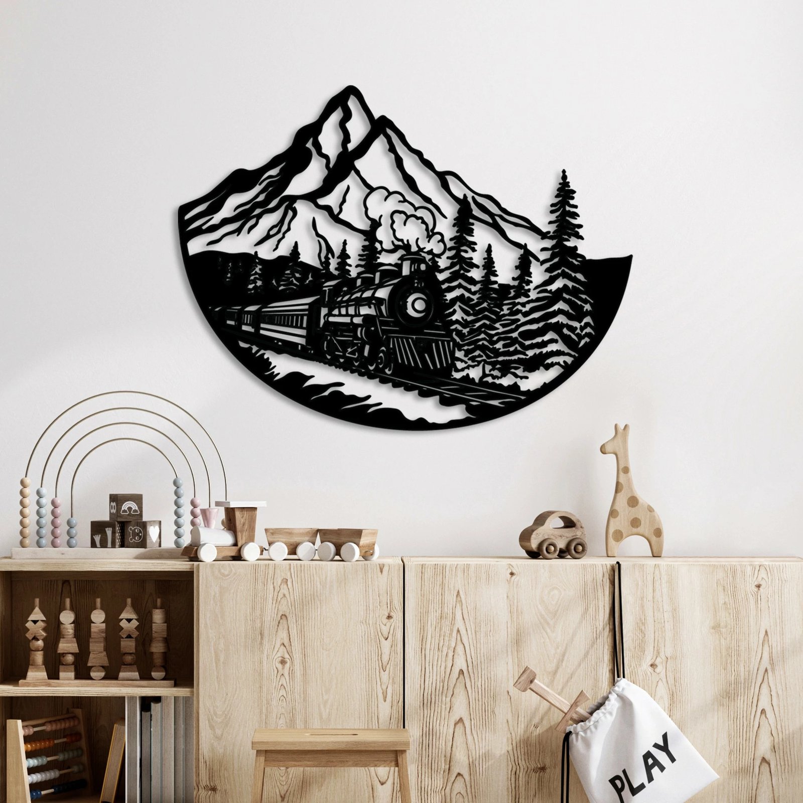 Aksesor dekorativ metalik për mur, tren, Wallity, ngjyrë e zezë, 55x73cm