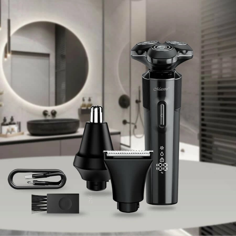 Makinë rroje 3‑në‑1 Feel‑Maestro MR-678 me USB‑C, bateri 800 mAh, IPX7, 90 min, me 3 koka + 3 krehra 3/5/7 mm, e zezë