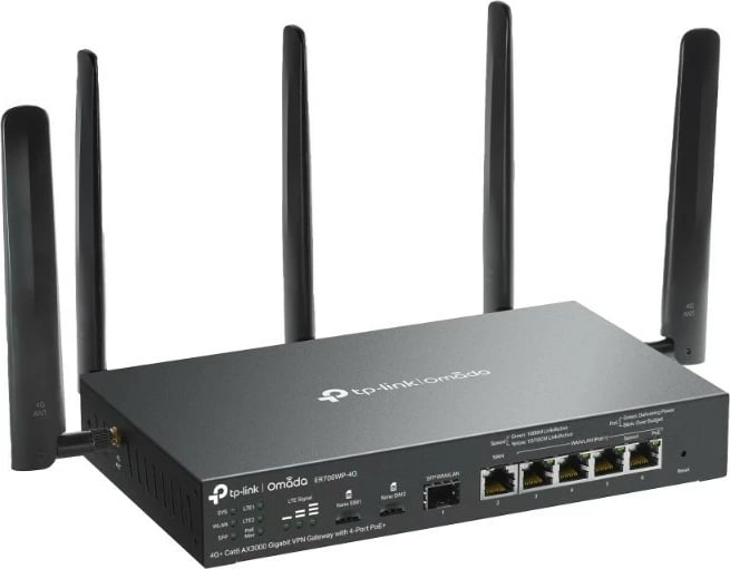 Gateway rrjeti TP-LINK ER706WP-4G Omada, AX3000, 4G+ Cat6, 4 porte PoE+, e zezë