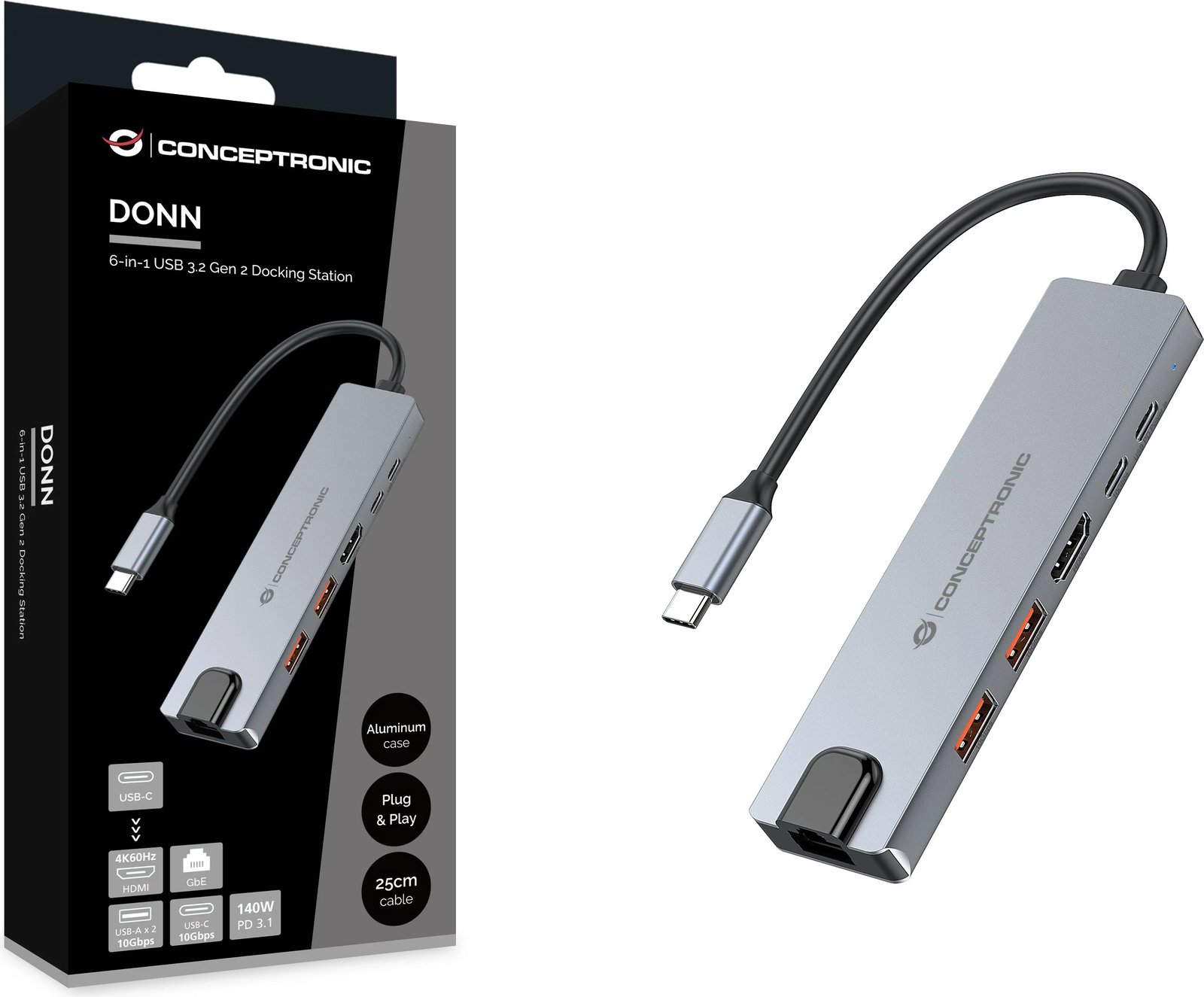 Dock USB-C Conceptronic 6-në-1, HDMI, 2xUSB-A, USB-C, 25cm, gri
