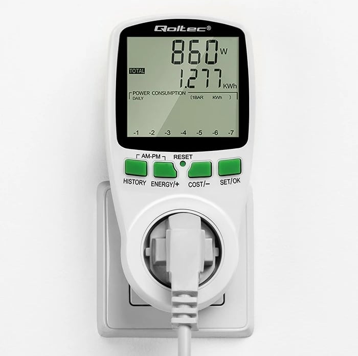 Matës i konsumit të energjisë Qoltec PM0627, 3680W, 16A, LCD, Bardhë