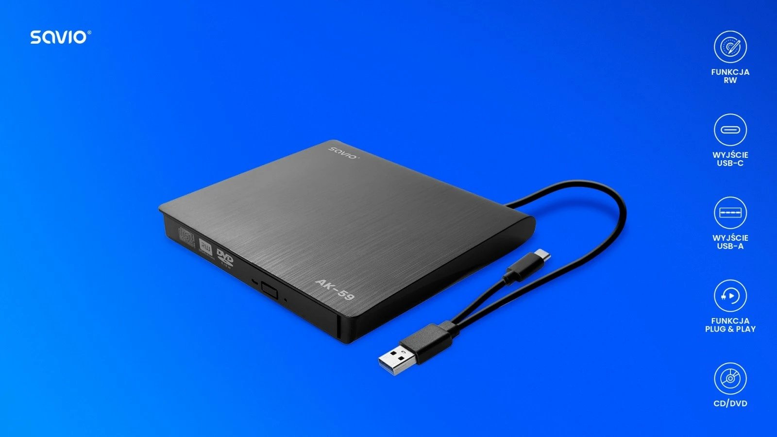 Lexues/shkrues i jashtëm CD/DVD Savio AK-59, USB-C/USB-A, i zi