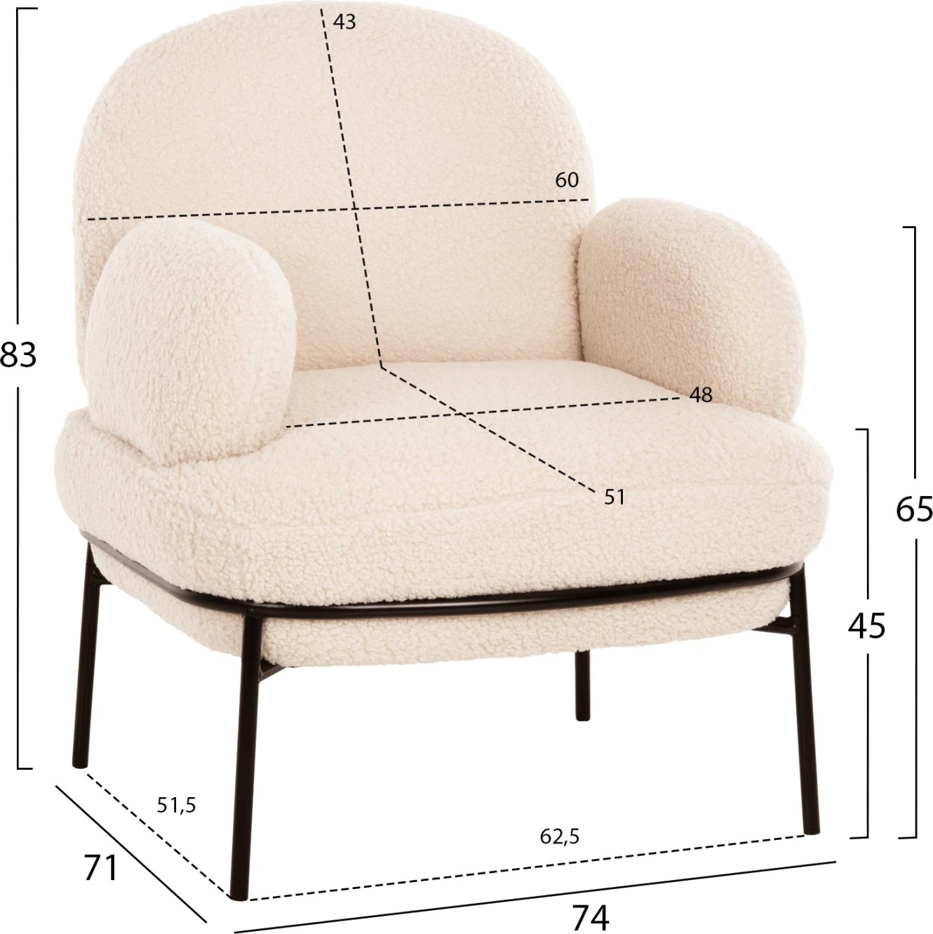 Fotelje AGNES FH9525.23, pëlhurë boucle e bardhë, këmbë metalike të zeza, 74x71x83 cm.