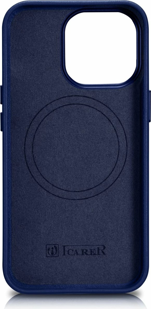 Mbështjellës iCarer për iPhone 14 Pro Max, lëkurë natyrale, MagSafe, kaltër