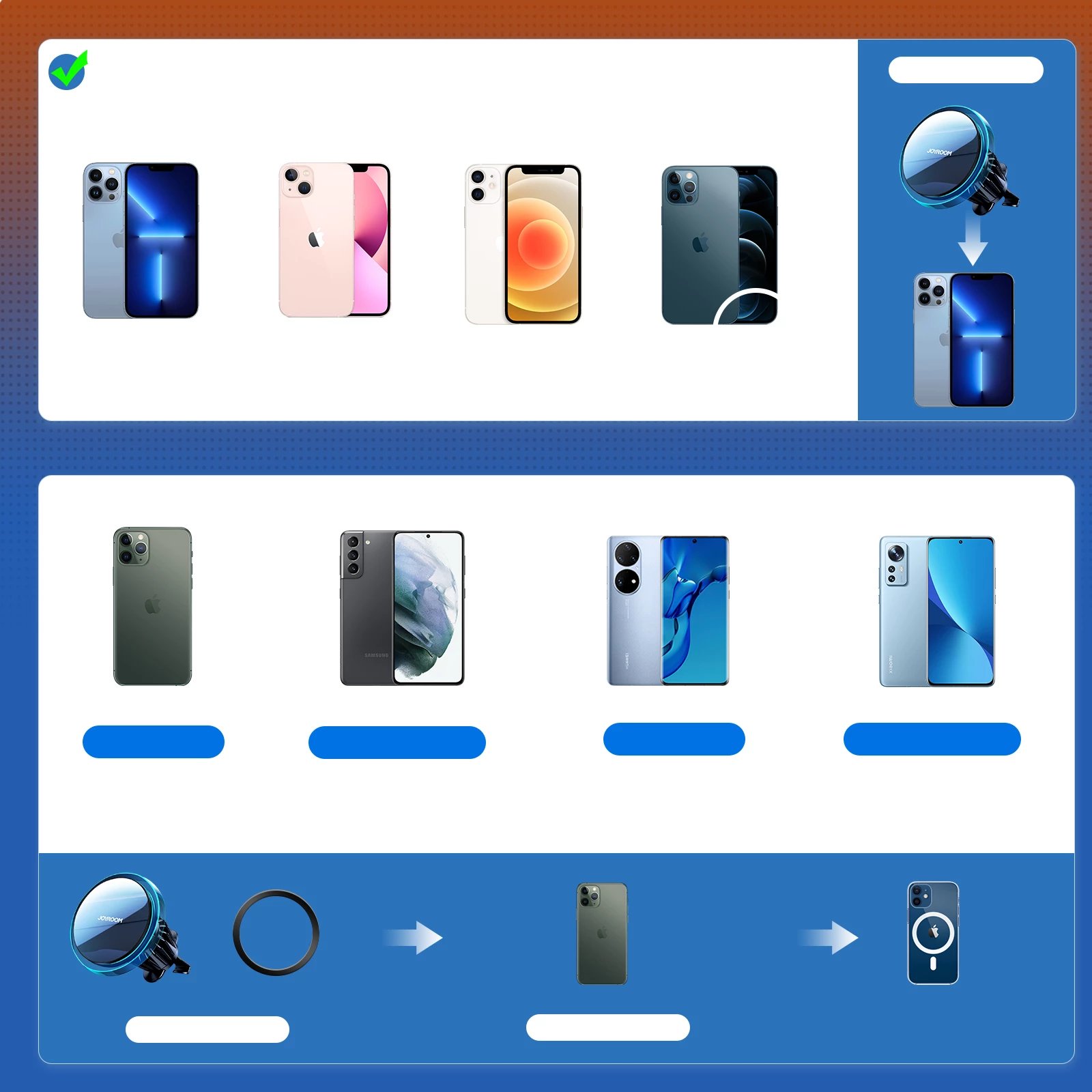 Mbajtëse makine për celular me karikues wireless MagSafe 15W, Joyroom JR-ZS291, për grilë ajrimi, me rrotullim 360°, me kabllo USB-A në USB-C, argjendtë
