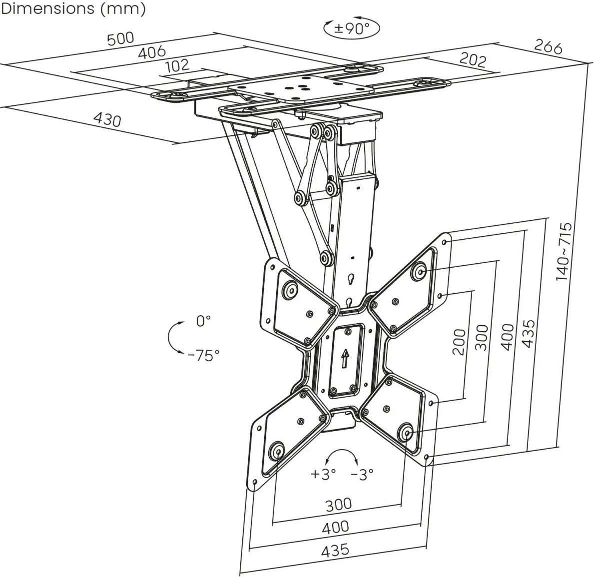 Mbajtëse tavani elektrike për TV Maclean MC-491, 23-65 inç, 30kg, VESA 600x400, 90° rrotullim, e zezë