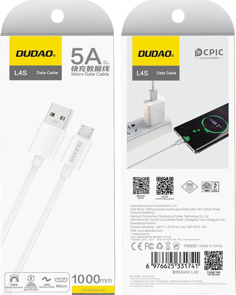 Kabllo karikimi dhe të dhënash Dudao L4SM, 1m, USB-A në Micro USB, Bardhë