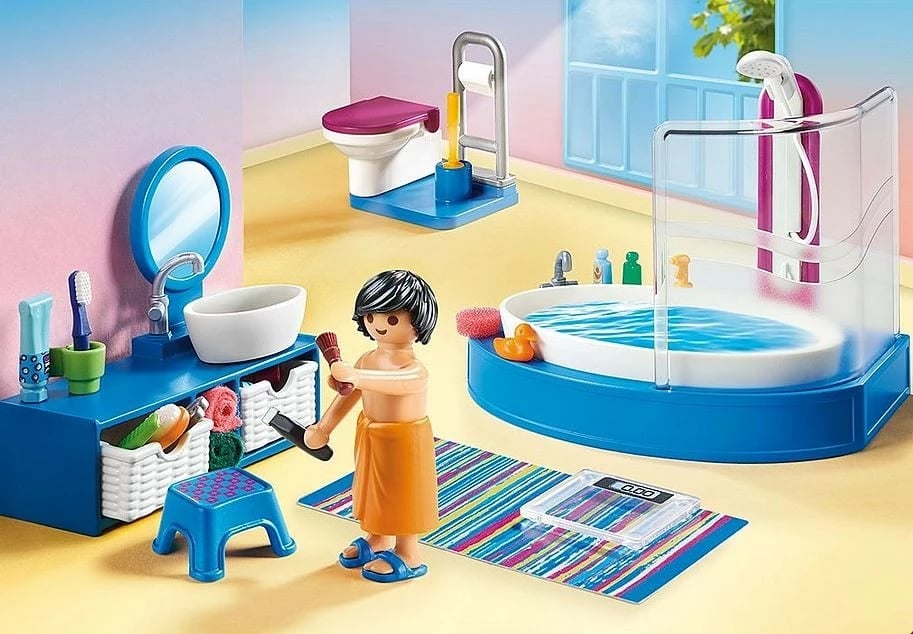 Set lodrash Playmobil Dollhouse 70211, banjo me vaskë, 51 pjesë