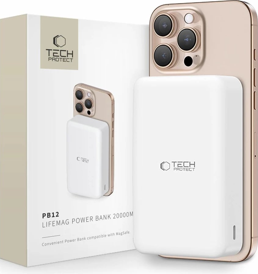 Powerbank Tech-Protect PB12 LifeMag 20000mAh, MagSafe, Bardhë