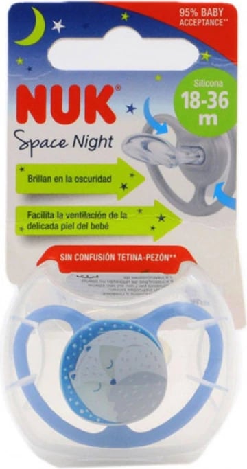Biberon silikoni NUK Space Night unisex 18-36 muaj, 1 copë, blu