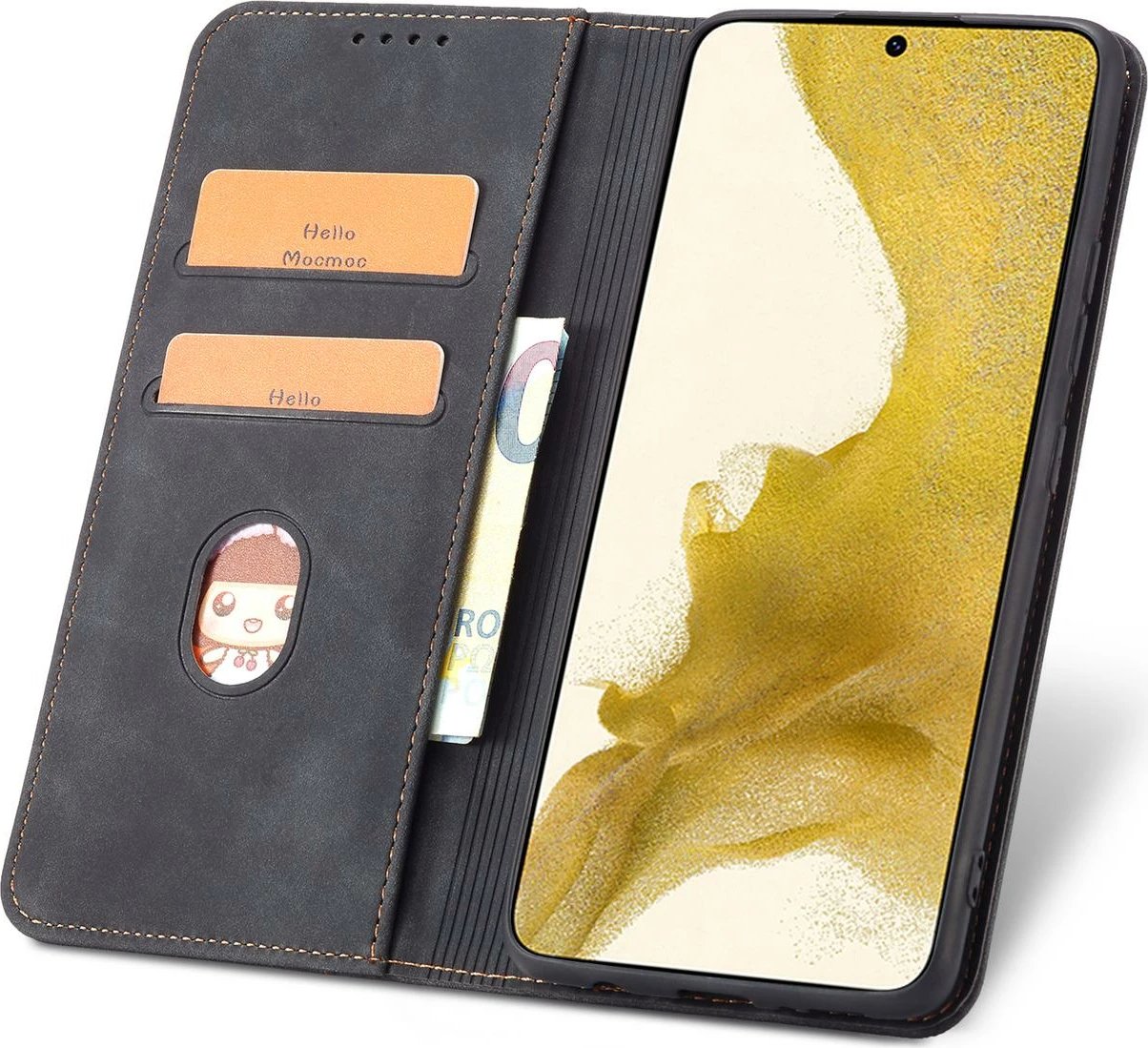 Mbështjellës Hurtel Magnet Fancy Case për Samsung Galaxy S22+, me portofol dhe qëndrim, e zezë