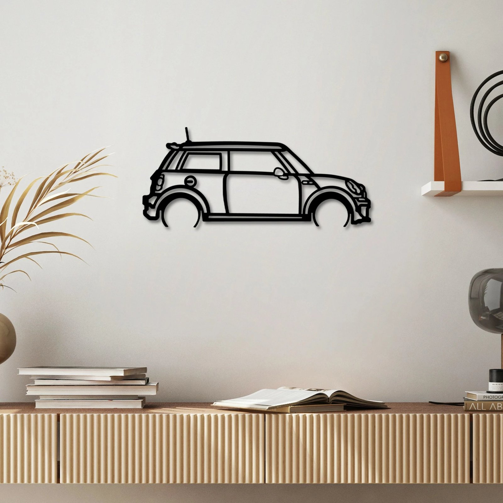 Aksesor dekorativ metalik për mur, Wallity, Mini Cooper, ngjyrë e zezë, 73x33cm