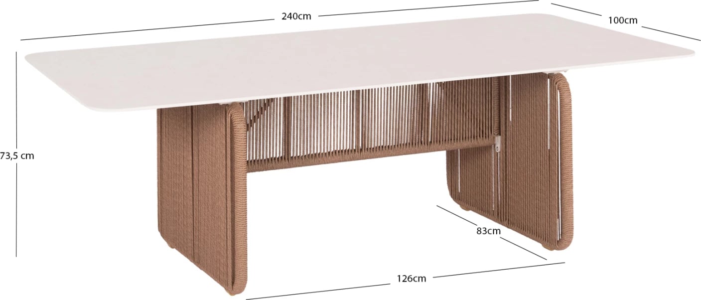 Tavolinë ngrënieje për jashtë, alumini, sipërfaqe sinterizuar, ngjyrë fildishi, thurje ratan, 240x100x73.5cm