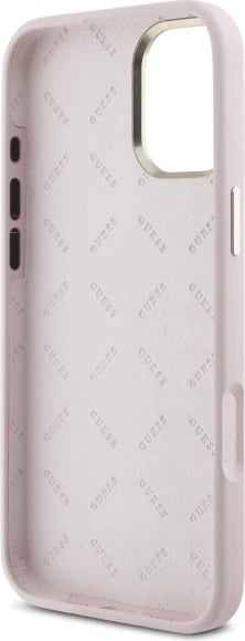 Mbështjellës Guess Silicone Script Metal Logo & Frame për iPhone 16, Rozë