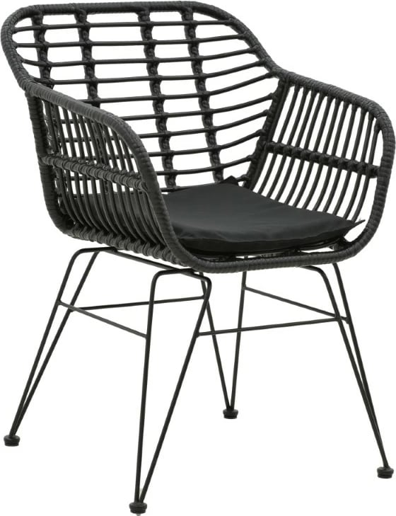 Karrige për kopsht Naoki me jastëk pe, këmbë metalike të zeza, 55x58x79cm