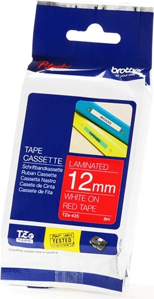 Shirit etiketimi, Brother, TZe-435, 12mm 8m, i laminuar, bardhë në të kuqe