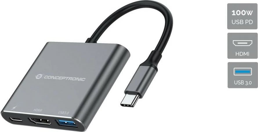 Stacion dokimi Conceptronic 3-1 USB-C në HDMI/USB-A/100WPD 25cm gri