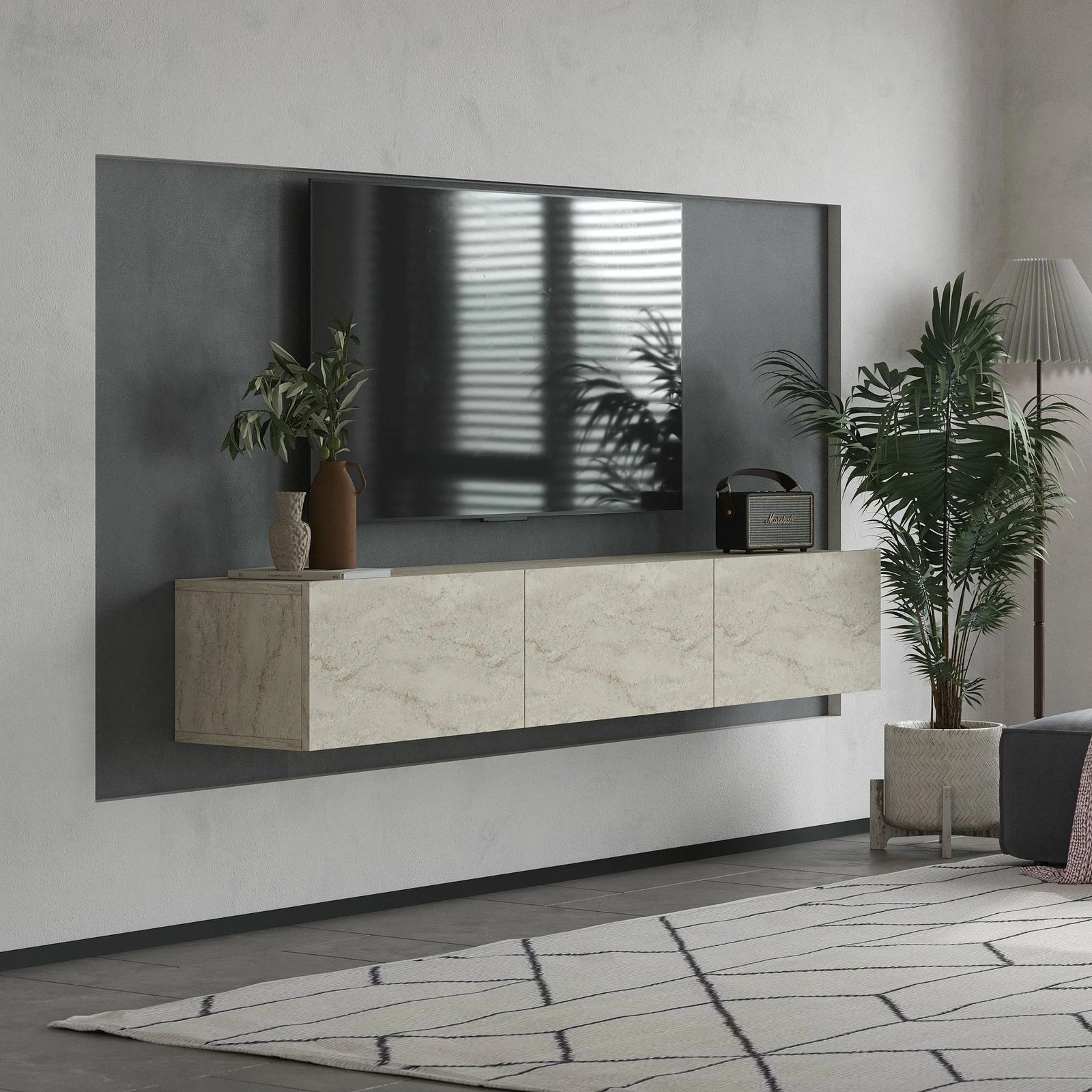 Komodë TV Skye Decor, ngjyrë travertin, Alfa