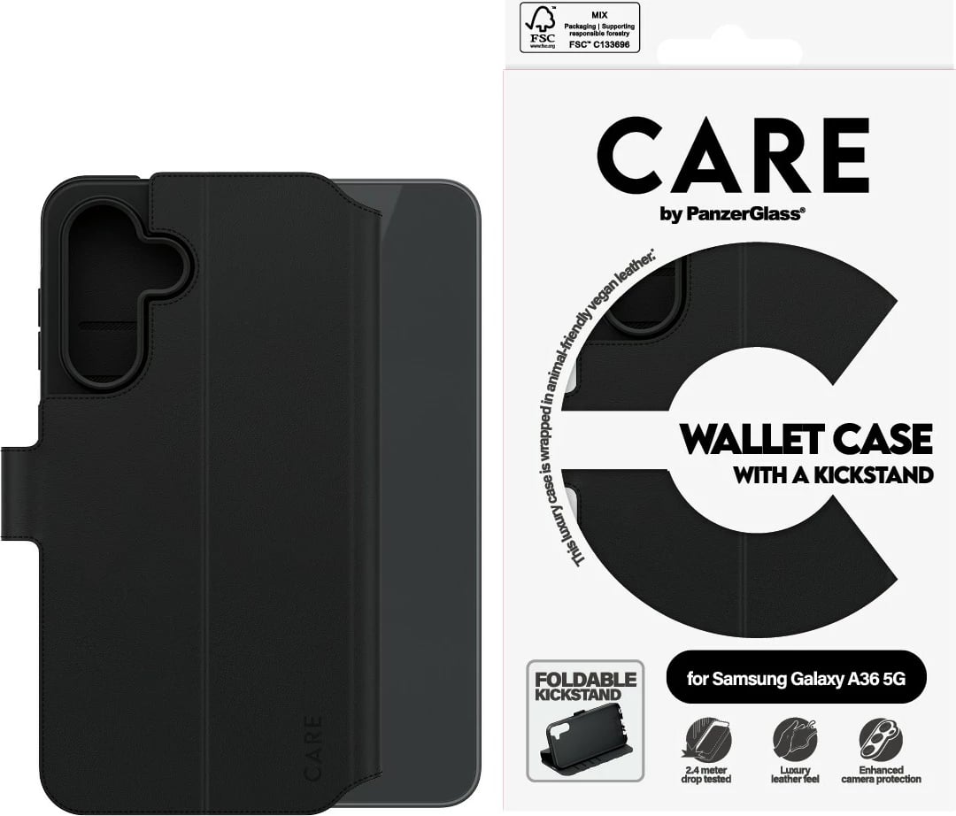 Mbështjellës PanzerGlass CARE Feature Wallet Case për Samsung Galaxy A36 5G, e zezë