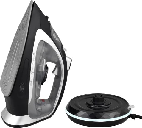Hekur me avull pa kabllo 2-në-1, Adler AD 5043, 2800W, bazë qeramike 23.5x12 cm, depo uji 300 ml, zi/argjendtë