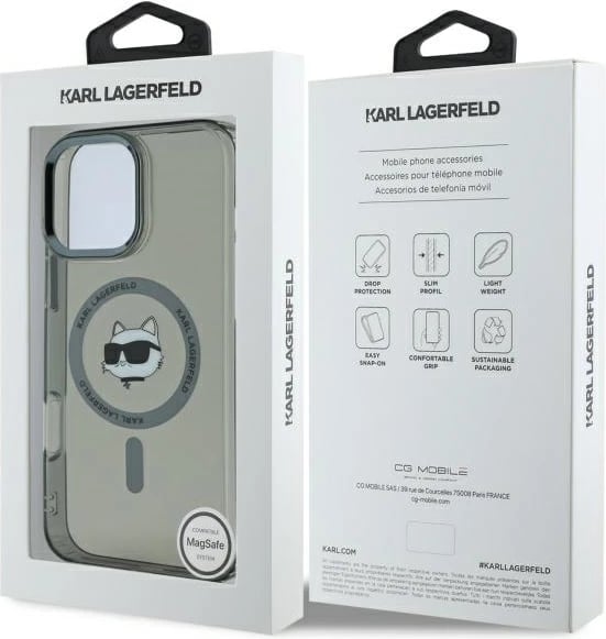 Mbështjellës Karl Lagerfeld IML Metal Choupette Head MagSafe për iPhone 16 Pro, Zi
