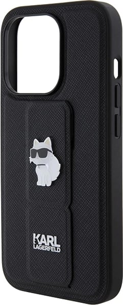 Mbështjellës Karl Lagerfeld Gripstand Saffiano Choupette Pins për iPhone 14 Pro, i zi