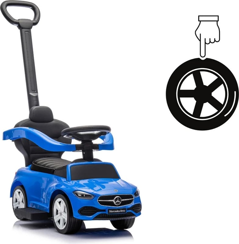 makinë ride-on me dorezë udhëzuese, Milly Mally Mercedes C-Class Deluxe, sedilje eko-lëkurë, goma gome, tinguj timoni, ngarkesë 25 kg, 12–36 muaj, blu